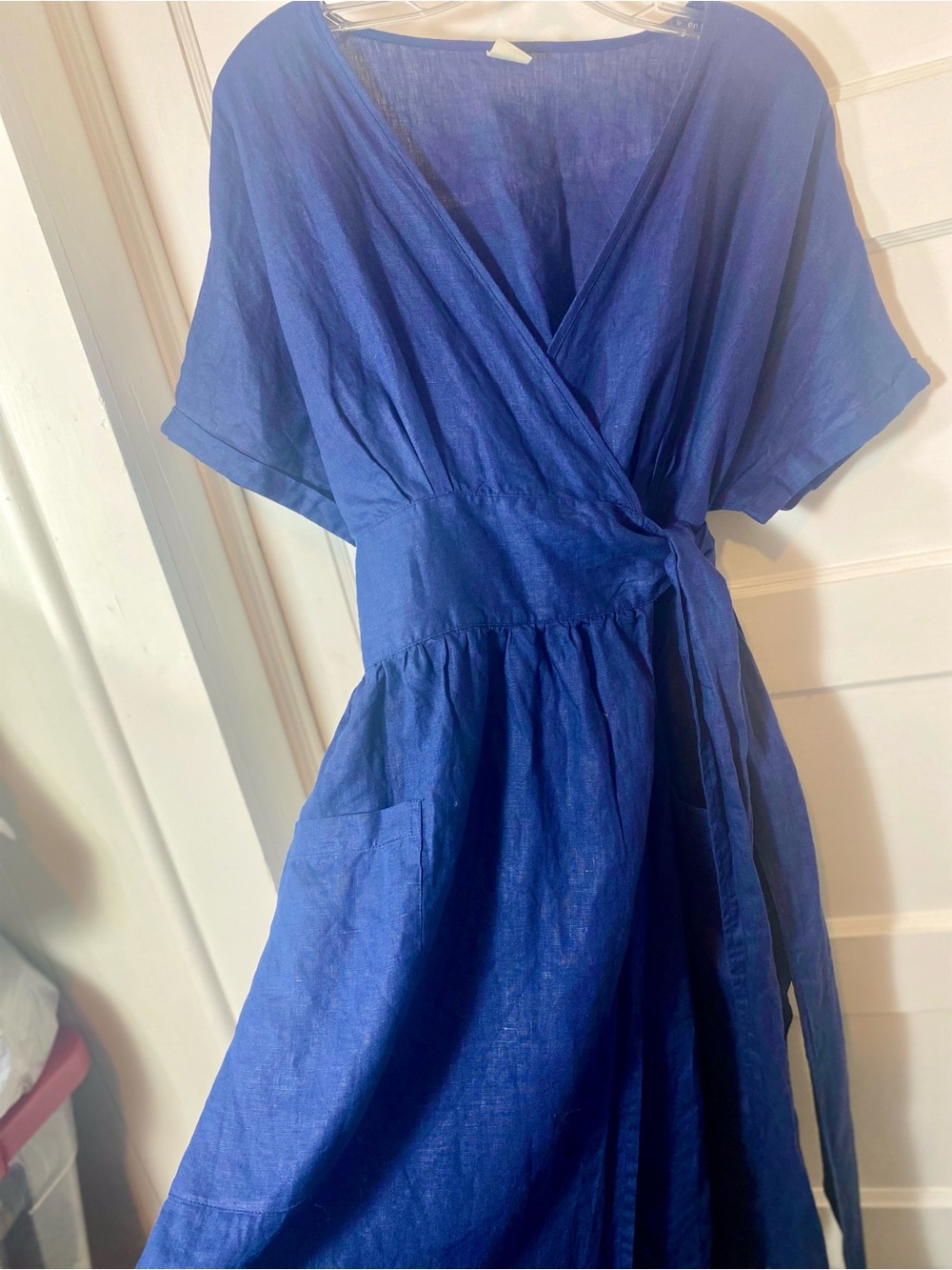 LINTICO Womens XL Navy Blue Wrap Dress 100% Linen V-Neck Short Sleeve Tie Pocket